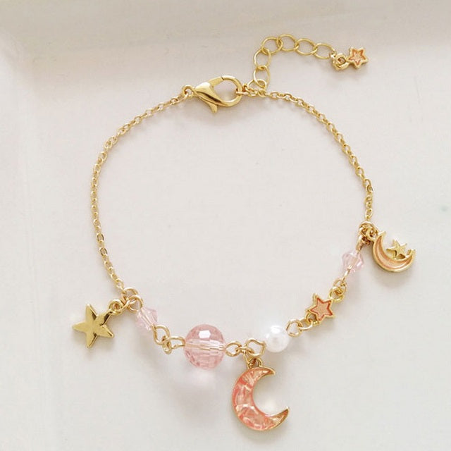 Japan Korea Star Moon Bracelet For Women Girls Fashion Pink Crystal Pearl Chain Bracelet Wholesale Designer Jewelry Party Gift